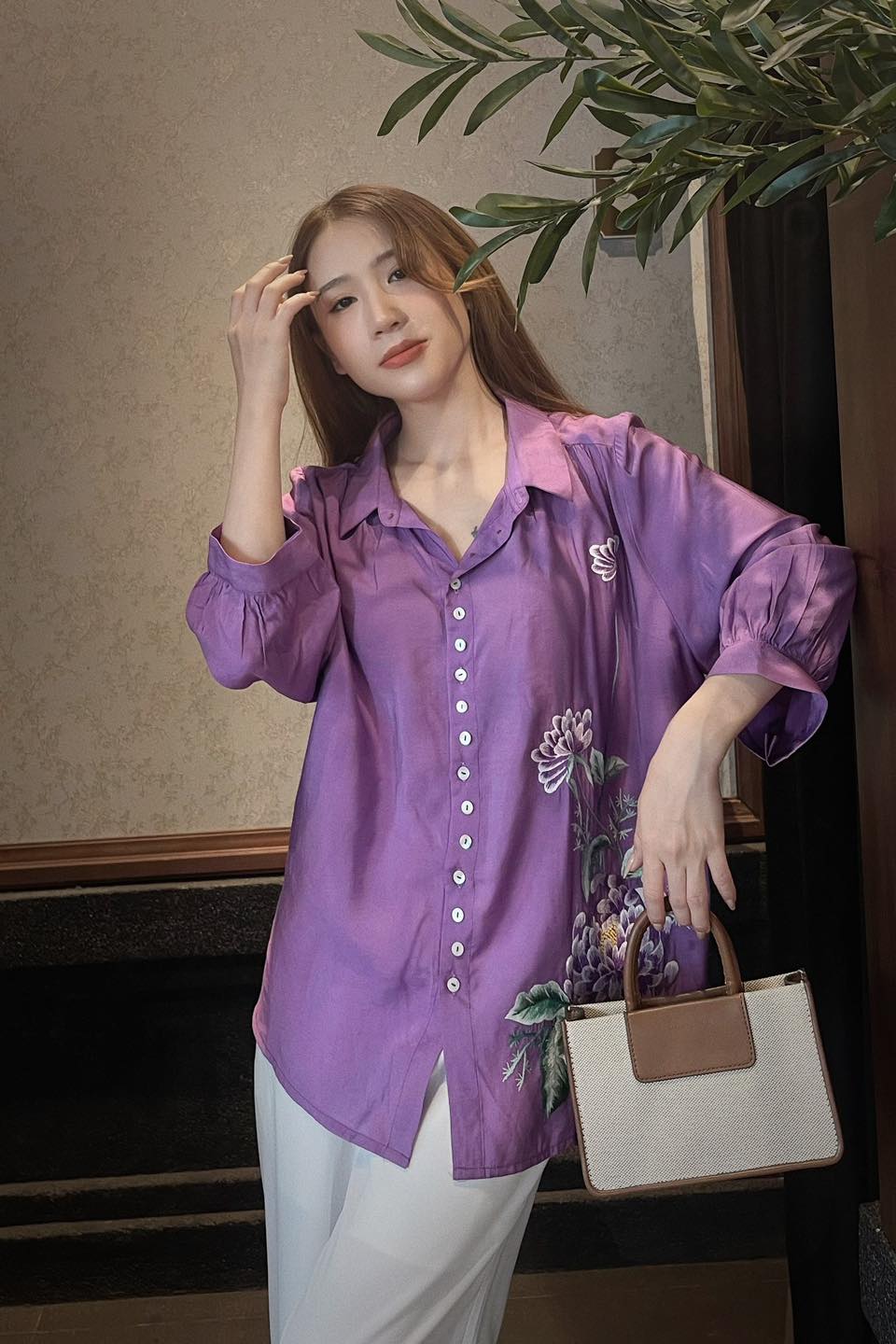 Áo Sơ Mi Hàn Quốc Thêu Tay – Thêu Hoa Cúc tím