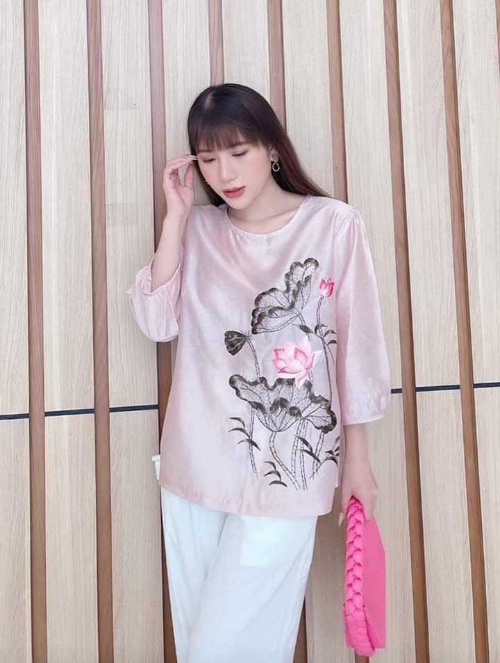 Áo Thêu Tay, Thêu Hoa Sen Chỉ Lụa